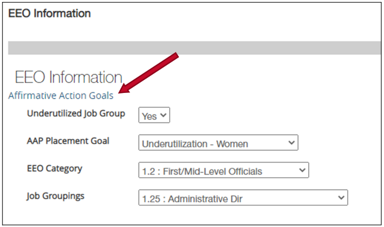 Red arrow pointing to Affirmative Action Goals link in search