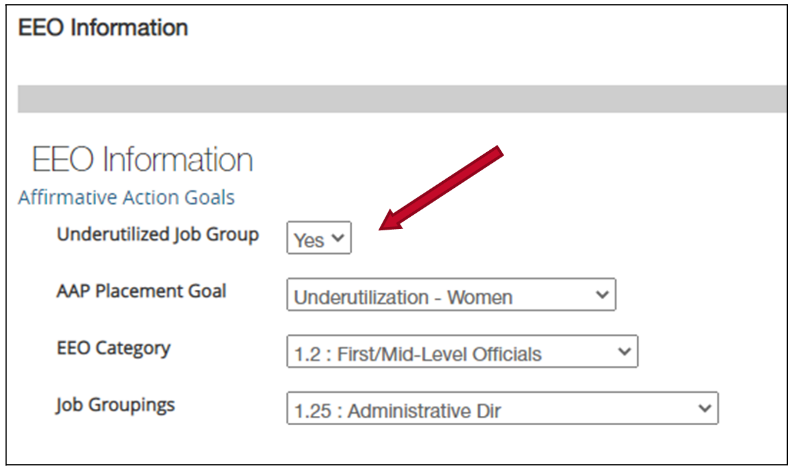 Red arrow pointing to Underutilized Job Goals dropdown filter with Yes selected
