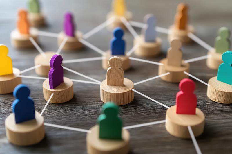 wooden shaped people on a board networked together