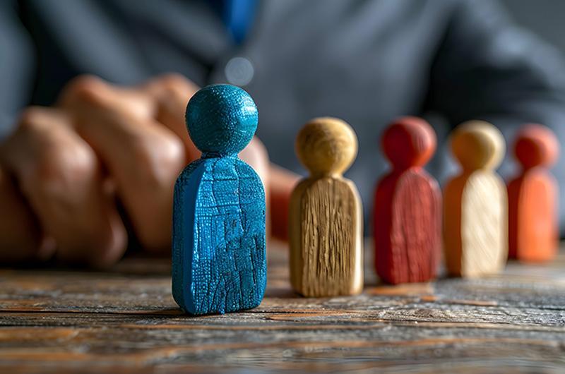 individual wooden shaped people in a line