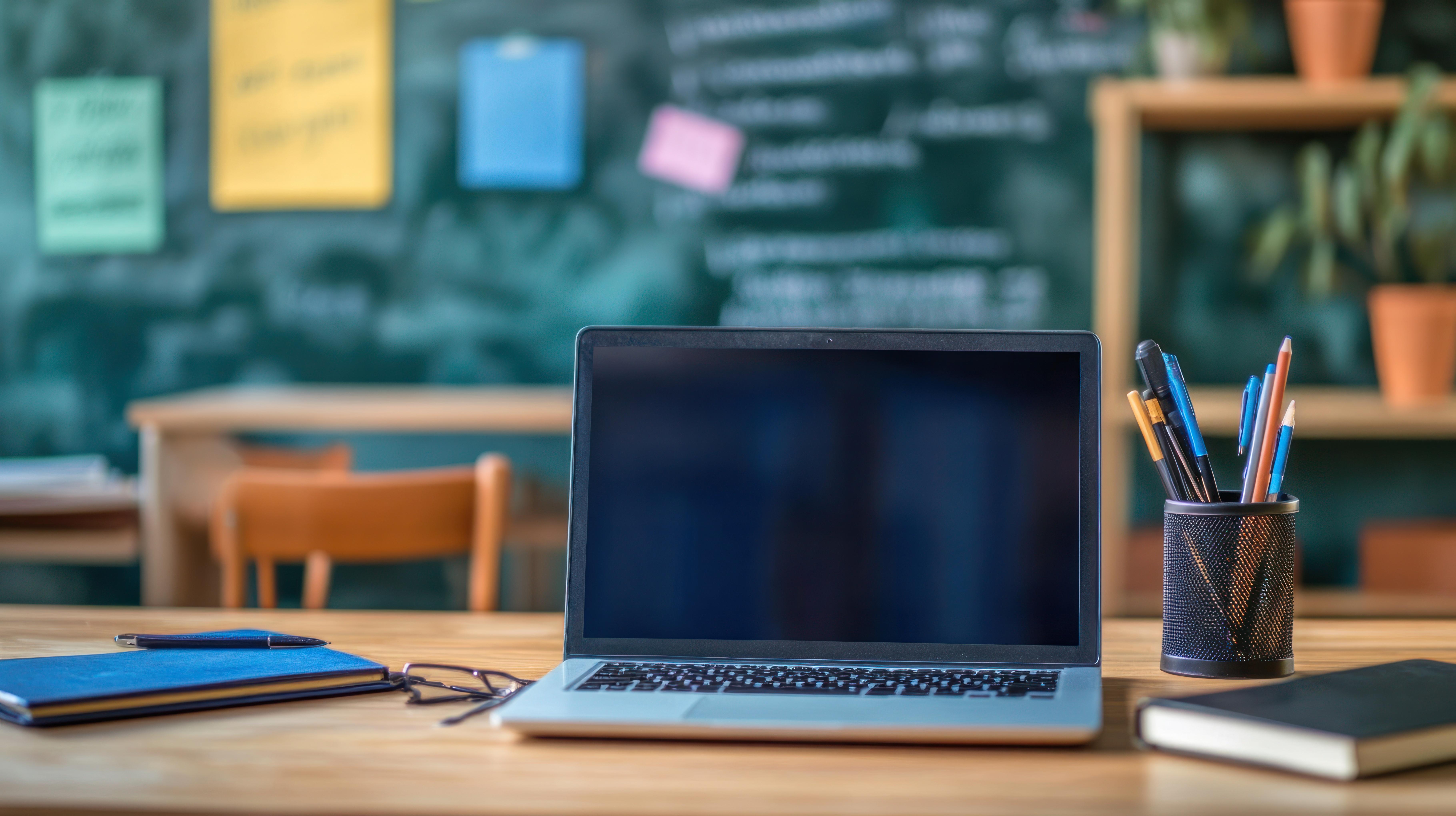 Laptop sitting on a desk in a classroom