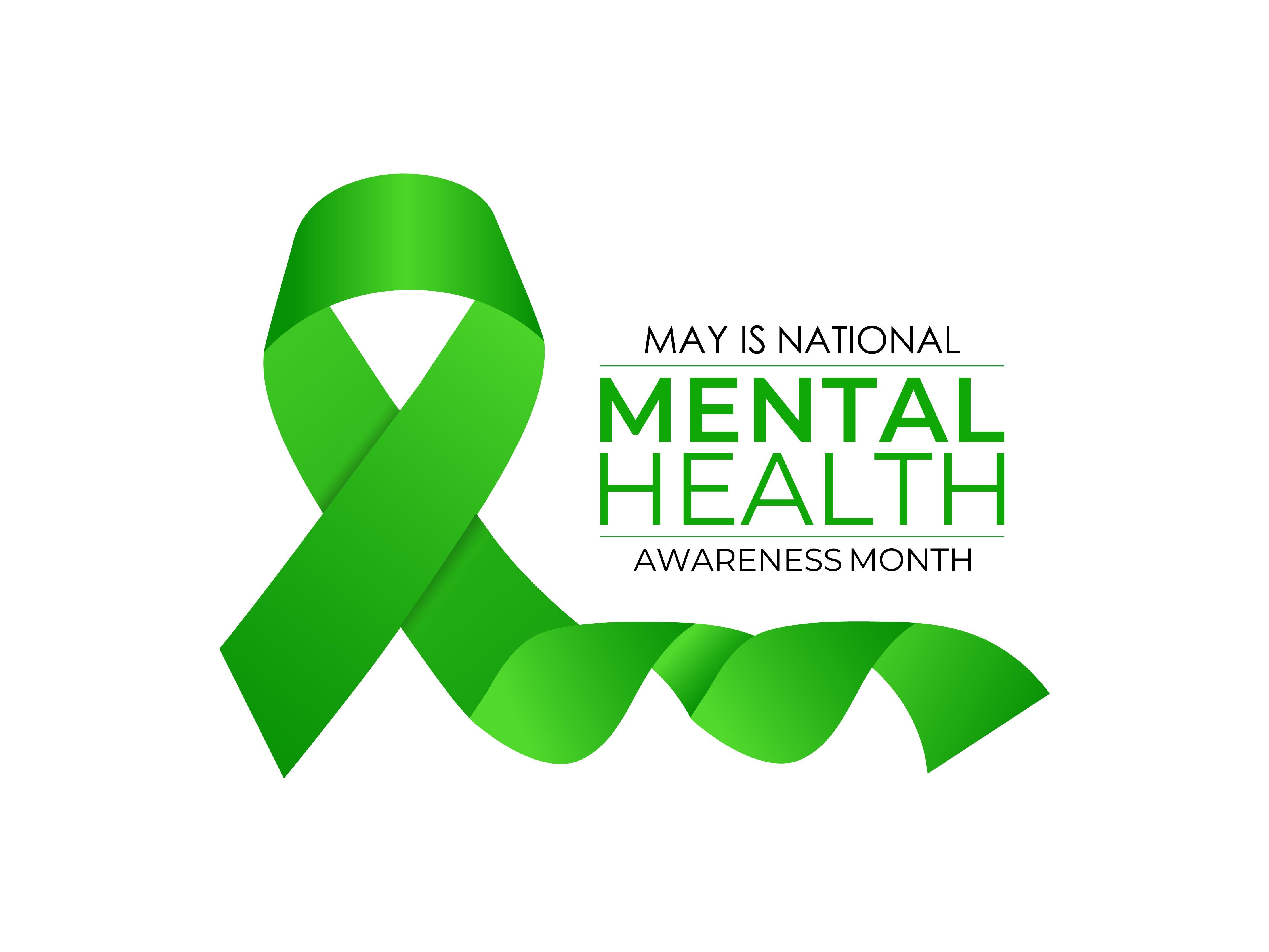 Green ribbon surrounding text that says Mental Health
